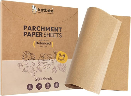 Katbite 200 Pcs Parchment Paper, 8 x 8 Inch Unbleached Baking Paper, Oil Resistant & Easy Clean