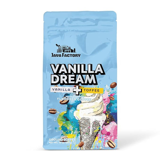 Java Factory Vanilla Dream Flavored Ground Coffee Bag ??Vanilla and Butter Toffee Brew, Made with 100% Arabica Beans - Flavor Enhanced, 10 Oz