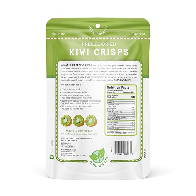 Nature’s Turn Freeze-Dried Fruit Crisps – Healthy, Gluten-Free, Crispy & Delicious, Plant-Based Snack, Ideal for Cereal, Smoothies, School Lunches, & On-the-Go, Sour Kiwi, Pack of 6 (0.53 oz Each)