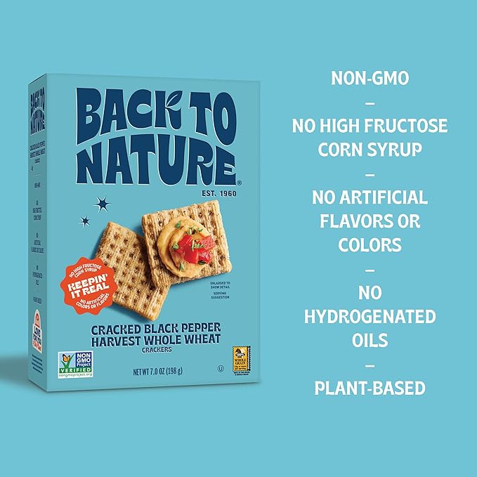 Back to Nature - Cracked Black Pepper Whole Wheat Crackers - Non-GMO, Made with Whole Grain Wheat & Sea Salt - Seriously Tasty Snacks - 7 Ounce (Pack of 2)