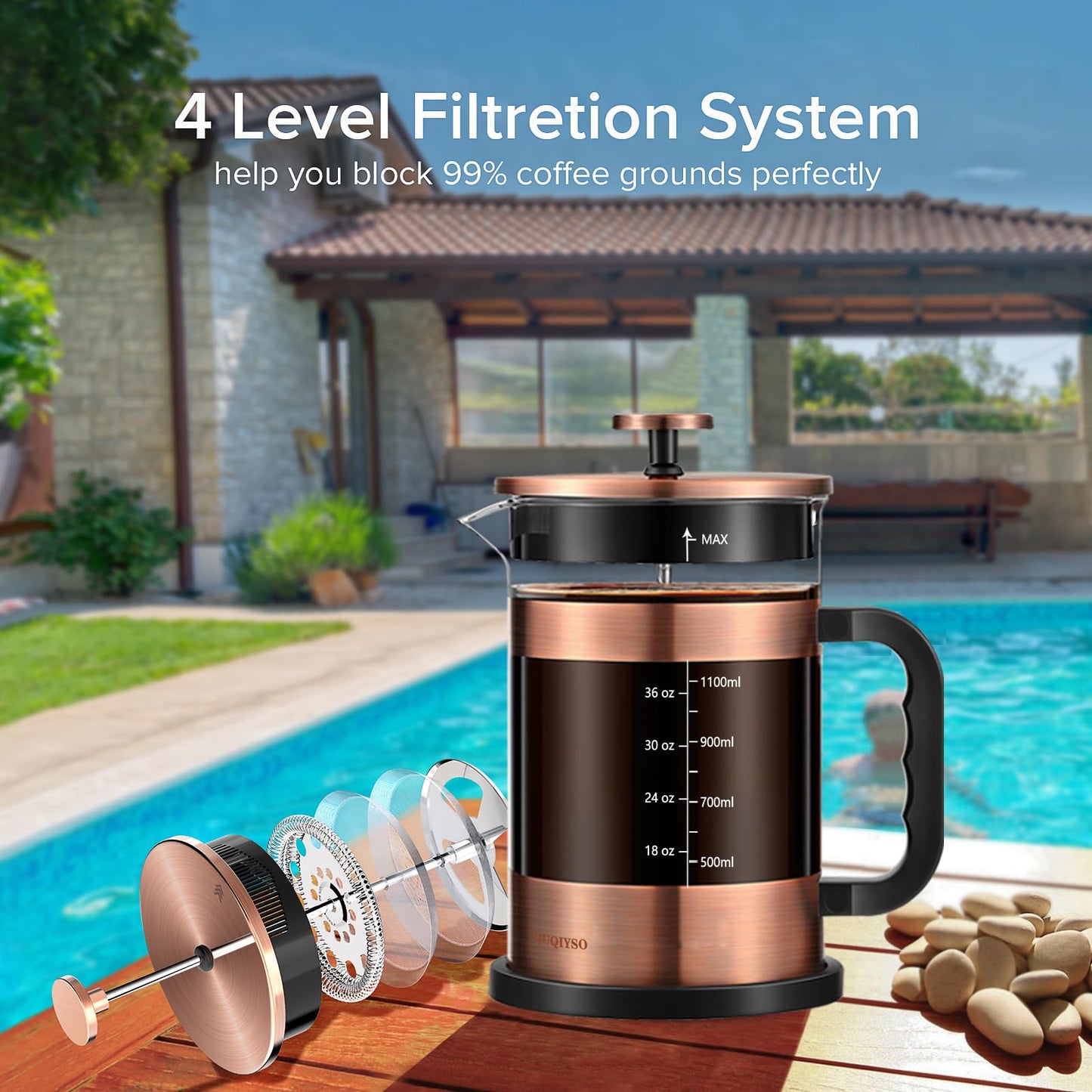 QUQIYSO French Press Coffee Maker 51oz, Large French Press, Thickened Glass