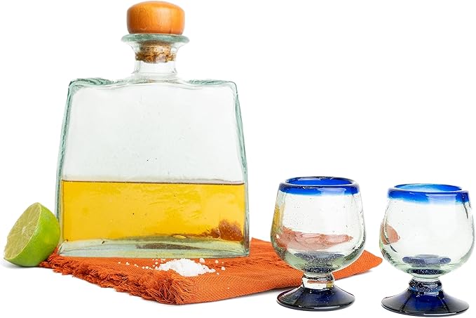 Authentic Mexican Tequila Hand Blown Shot Glasses - Set of 4-2 oz - Mini Glass Snifters - Heavy Base - Cognac (Cobalt Blue Rim)