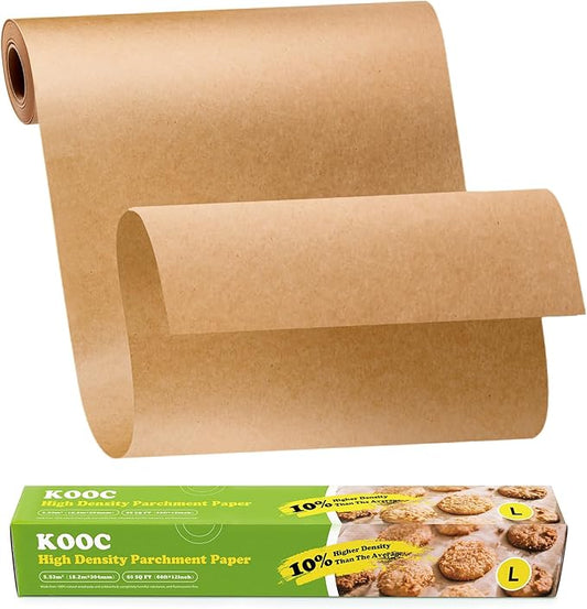 KOOC Premium 60-Feet Parchment Paper Roll - 12-Inch Width, Non-Stick, Unbleached Baking Paper - Ideal for Baking, Cooking, and Food Preparation - 60 Square Feet Coverage - Compostable, High Density