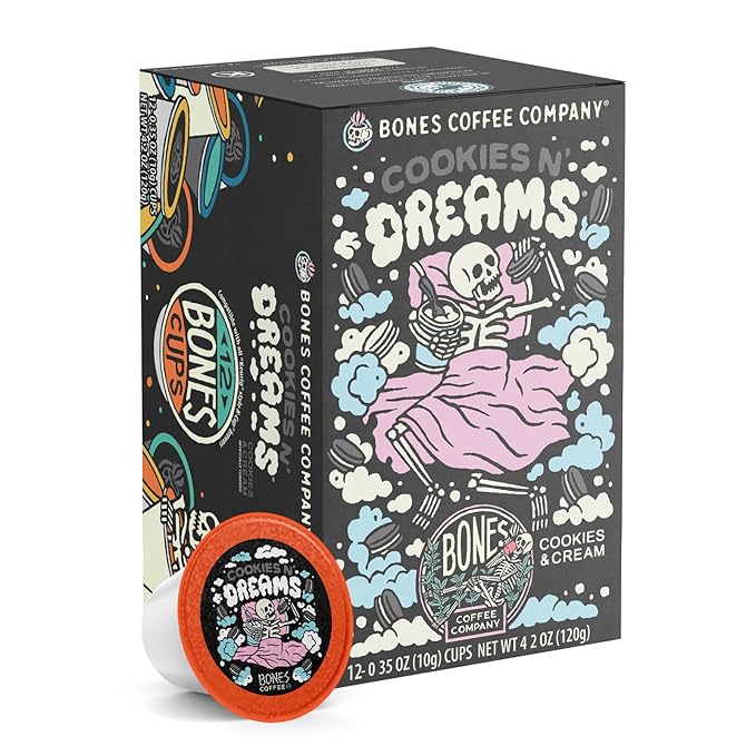 Bones Coffee Company Cookies 'N Dreams, Cookie and Cream Flavored Coffee Pods, Low Acid Medium Roast Single-Serve Bones Cups, Compatible with K-Cups Brewers Coffee Maker, 12 Count