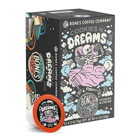 Bones Coffee Company Cookies 'N Dreams, Cookie and Cream Flavored Coffee Pods, Low Acid Medium Roast Single-Serve Bones Cups, Compatible with K-Cups Brewers Coffee Maker, 12 Count