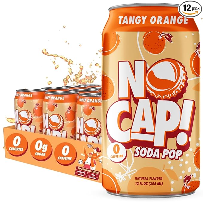 No Cap! Healthy Soda, Zero Sugar Soda Pop Drink, Zero Calories | Caffeine Free, Vegan, Gluten Free, For Kids & Adults 12 Oz, 12 Pack (Tangy Orange)