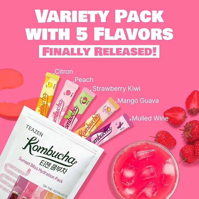 TEAZEN Kombucha Variety Pack 40 Stick & Energy Tea Boost Powder 10Stick