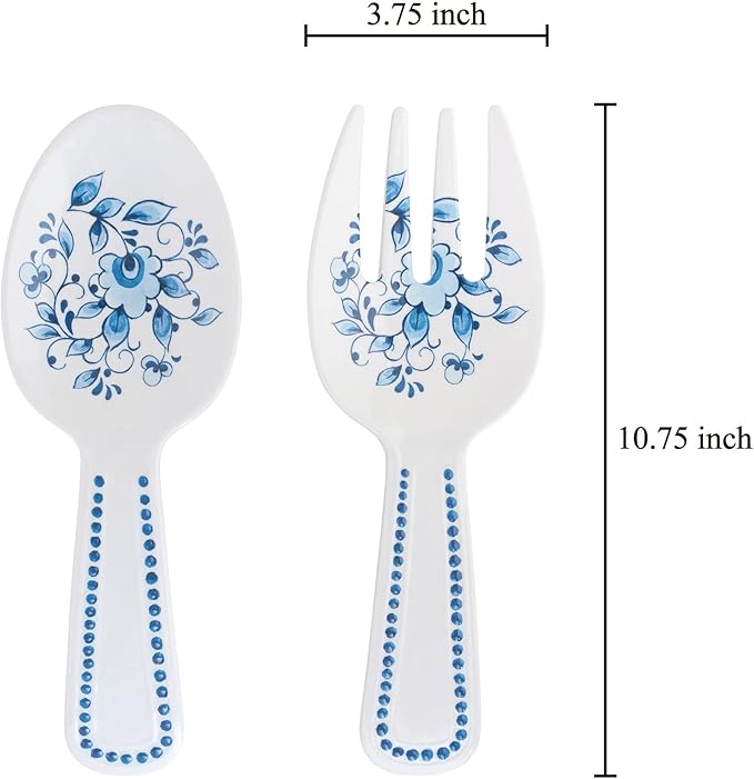 UPware Blue and White Floral Melamine Salad Servers, Serving Utensil Set, Includes Serving Fork and Spoon for Tossing Salad, Pasta, Blue, White, 10.75 Inch, Set of 2