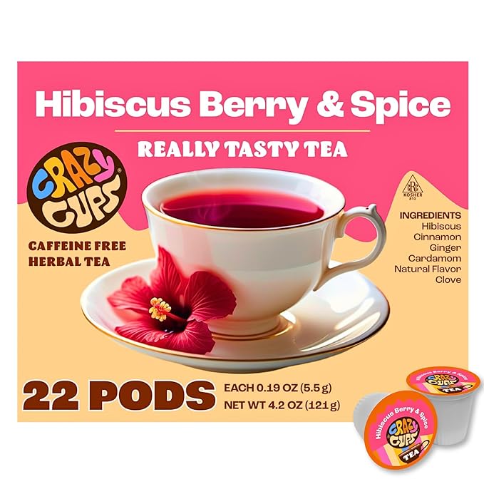Crazy Cups Hibiscus Berry & Spice Herbal Tea Pods, 22 Count, Caffeine Free, Kosher Certified, Fruity & Spiced Blend with Cinnamon, Ginger & Clove | K Cup Compatible, Hot or Iced Herbal Tea