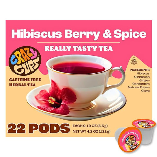 Crazy Cups Hibiscus Berry & Spice Herbal Tea Pods, 22 Count, Caffeine Free, Kosher Certified, Fruity & Spiced Blend with Cinnamon, Ginger & Clove | K Cup Compatible, Hot or Iced Herbal Tea