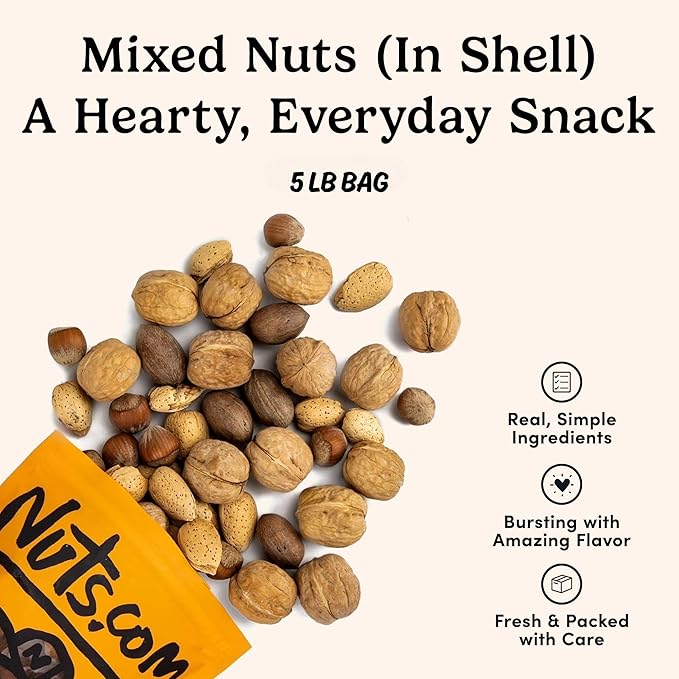 Nuts.com ??Mixed Nuts in Shell ??5 Lb Bag, Healthy Snack Sampler, Includes Premium Walnuts, Almonds, Hazelnuts, Pecans & Brazil Nuts ??Good Source of Protein, Fiber & Omega-3