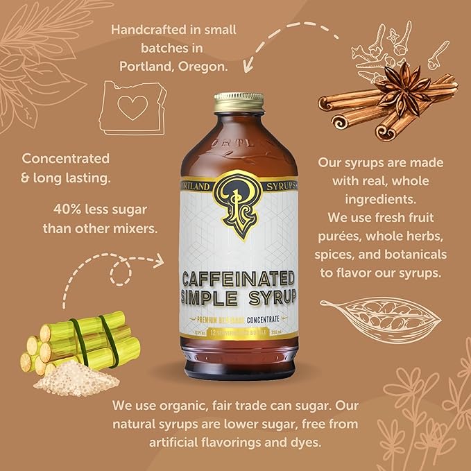 Portland Syrups - Caffeinated Simple Syrup - Premium Beverage Concentrate for a Boost of Clean Energy - Add to Soda, Cocktails, Tea, Coffee Drinks, and More - 12 oz with 24 Servings (Pack of 1)