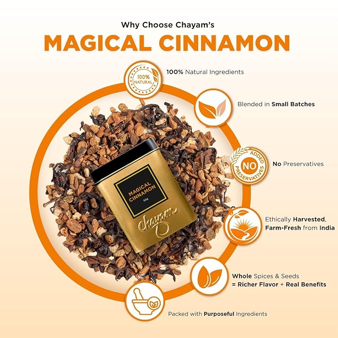 CHAYAM Magical Cinnamon Tea Tin ??Green Tea Loose Leaf, 50g (1.76 oz) Each ??With Sweet Clove, Star Anise & Orange Peel ??Spiced Herbal Tea ??Lightly Caffeinated ??Gift Tin