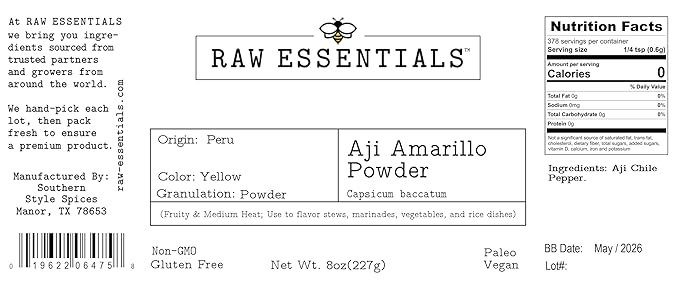 Raw Essentials Aji Amarillo Powder ??Medium Heat and Fruity Flavor ??Perfect for Stews, Marinades, Rice, and Vegetable Dishes ??Non-GMO, Gluten Free, Vegan, Paleo ??8 Ounce Bottle