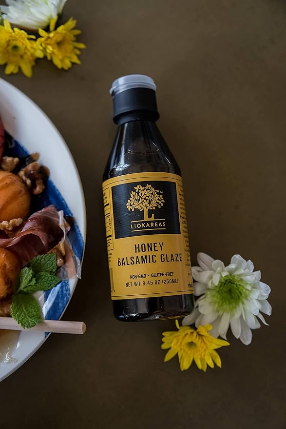 Liokareas Greek Honey Balsamic Glaze - Organic - NonGMO - 8.45oz - No Artificial Honey Flavor ONLY REAL Greek Honey - Made from Grapes Grown in Greece - NO ADDED SUGARS - Gluten Free - 6% Acidity