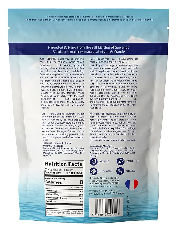Pure Flourish Coarse Sea Salt 1.1 LB | Certified French Harvest & Import | Organic & Unrefined | Rich in 82 Essential Minerals | Hand Harvested Light Grey Coarse Salt Crystals from France
