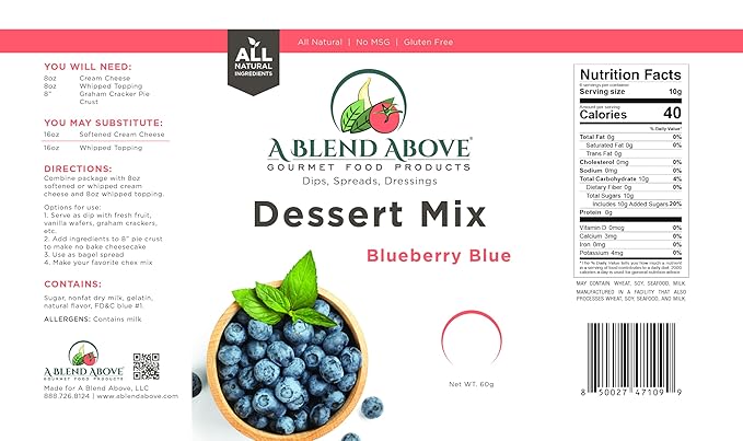 A Blend Above Blueberry Blue No Bake Dessert Mix - All Natural, Gluten Free, No MSG - Instant Dessert Mix, Fruit Dip, Bagel Topping, Frosting, Cheesecake Filling - Easy to Make - 4.2 Oz (Pack of 3)