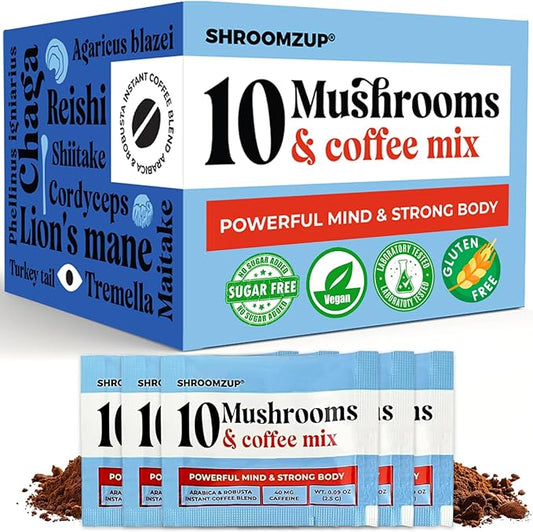 Mushroom Coffee Instant with 10 Mushrooms - 15 Single Packets with Reishi, Lion's Mane, Chaga, Turkey Tail, Cordyceps Mushrooms - Nootropic Mushroom Coffee for Energy Vegan Shroom Coffee