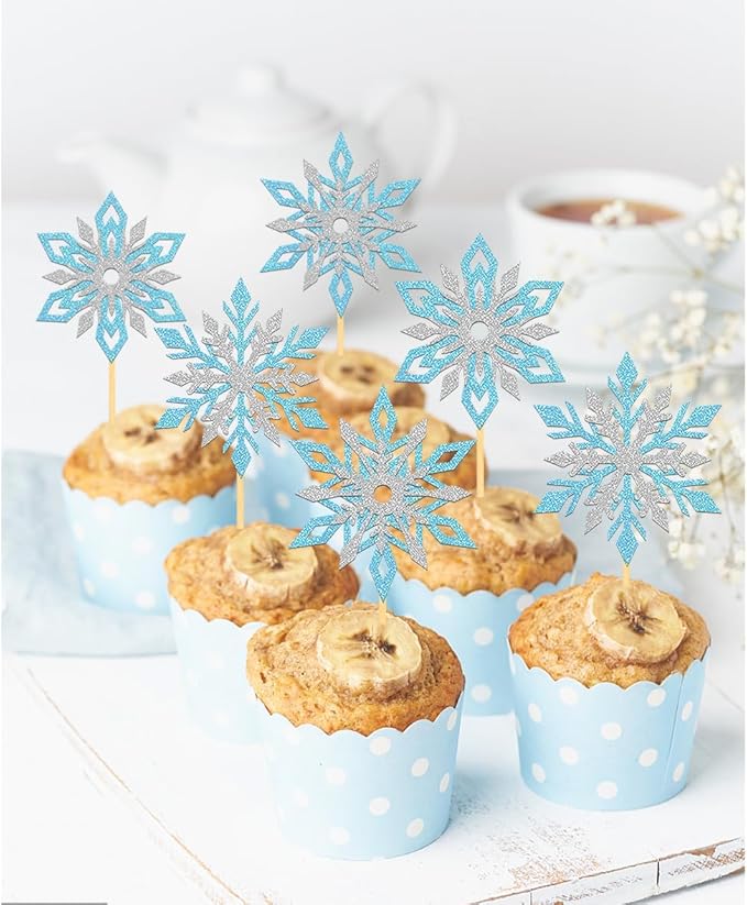 24PCS Glitter Snowflake Cupcake Toppers for Snowflake Decorations, Frozen Snowflake Cake Topper, Christmas Snowflake Cake Picks for Winter Decorations (Mix Blue)