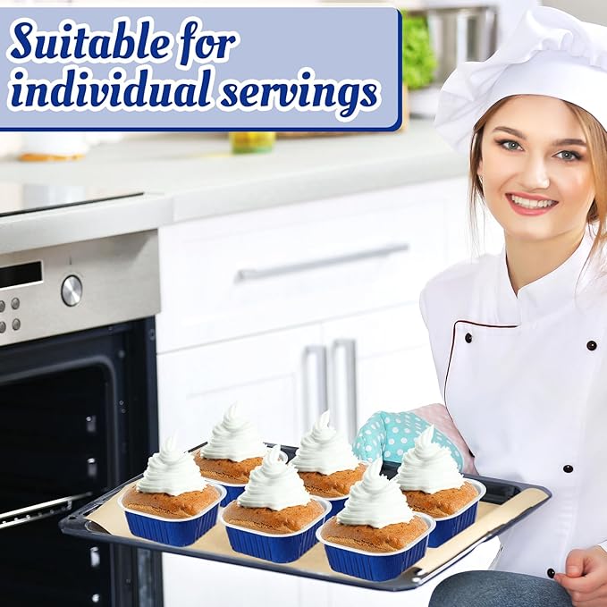Aoriher 150 Pieces 10 oz Mini Cake Pans with Lids Aluminum Foil Baking Cups Square Disposable 4" x 4" Large Cupcake Cups Baking Tins for Kitchen Brownie Pudding Desserts Holders(Sapphire Blue)