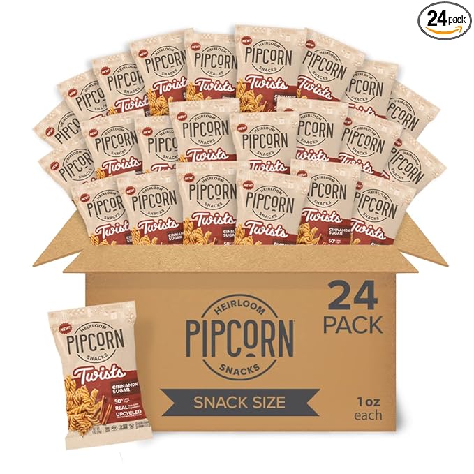 Heirloom Cinnamon Sugar Twists by Pipcorn - 1oz 24pk - Healthy Snacks, Gluten Free Snacks, Snack Packs, Upcycled Heirloom Corn Flour, Individually Wrapped