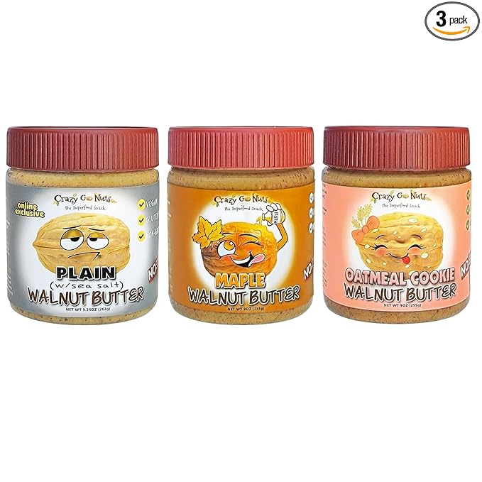 Crazy Go Nuts Walnut Butter Variety Pack - Plain w/Seal Salt, Maple, Oatmeal Cookie - Healthy Snacks, Keto, Vegan, Low Carb, Gluten Free, Superfood - Natural, Non-GMO, Omega 3 Fatty Acids (3-Pack)