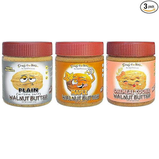 Crazy Go Nuts Walnut Butter Variety Pack - Plain w/Seal Salt, Maple, Oatmeal Cookie - Healthy Snacks, Keto, Vegan, Low Carb, Gluten Free, Superfood - Natural, Non-GMO, Omega 3 Fatty Acids (3-Pack)