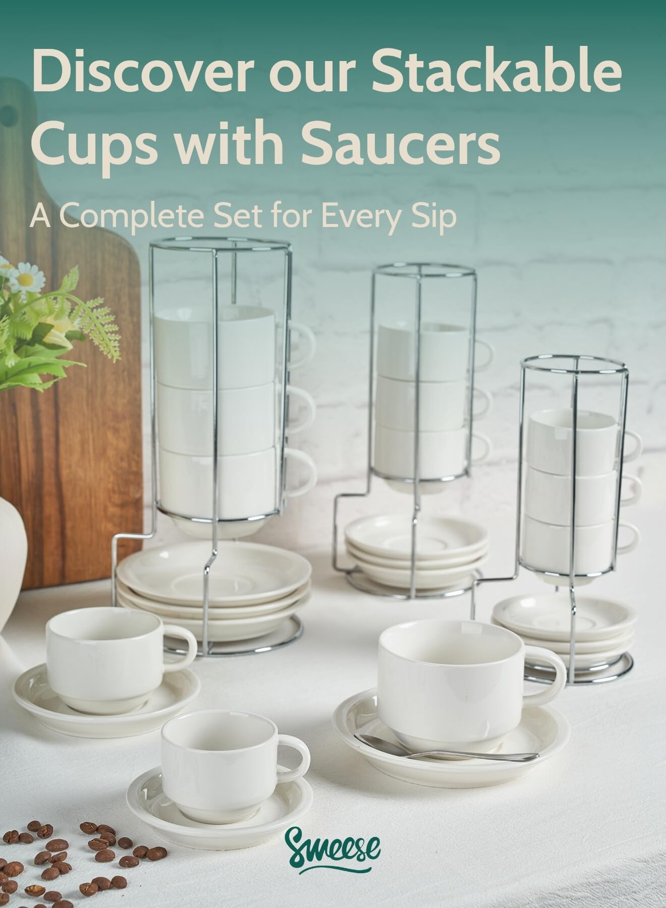 Sweese Porcelain Espresso Cups Set, 4 oz Stackable Cups with Saucers Metal Stand, Set of 4, White