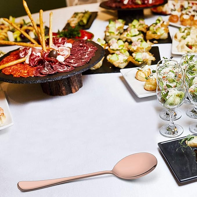 LIANYU Copper Serving Spoons Set of 6, 9.8 Inch Stainless Steel Large Dinner Buffet Catering Banquet Serving Spoons, Mirror Finish, Dishwasher Safe