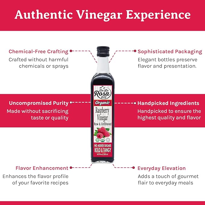 De La Rosa Raspberry Vinegar Organic, Raw & Unfiltered Pure Vinegar, Vegan, Gluten Free & Kosher, Raspberry Vinaigrette Salad Dressing & Marinades, Raspberry Vinaigrette 16.9 Oz (Pack of 2)