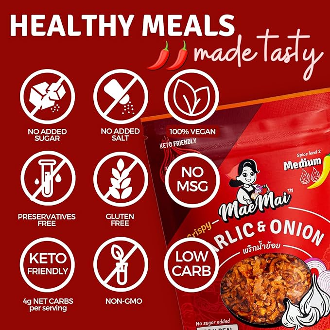 MaeMai Chili Crisp (MEDIUM HOT Spice) - Spicy Umami Onion & Garlic Flakes - All-Purpose Seasoning, Topper | Chili oil WITHOUT THE OIL. Crunchy condiment for rice seasoning, ramen topping | 9.51oz (3-PACK)