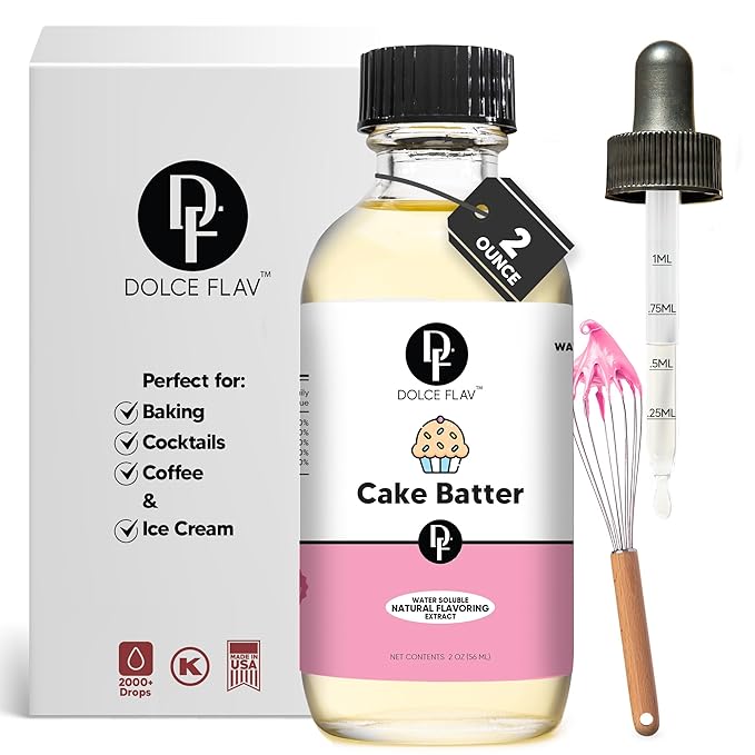 Dolce Flav Natural Cake Batter Extract ??2 Ounce Water-Soluble Kosher, Sugar-Free, Concentrated Birthday Cake Flavor for Frosting, Cupcakes & Ice Cream, Includes Measured Dropper