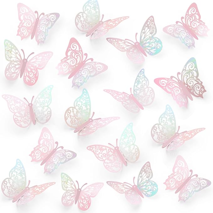 72 Pcs Butterfly Decorations, 3 Sizes 3 Styles, Butterfly Wall Decor, Butterfly Party Decorations, Birthday Decorations, Butterflies for Crafts, Cake Decorating, Wall Stickers Room Decor(Rainbow Pink)