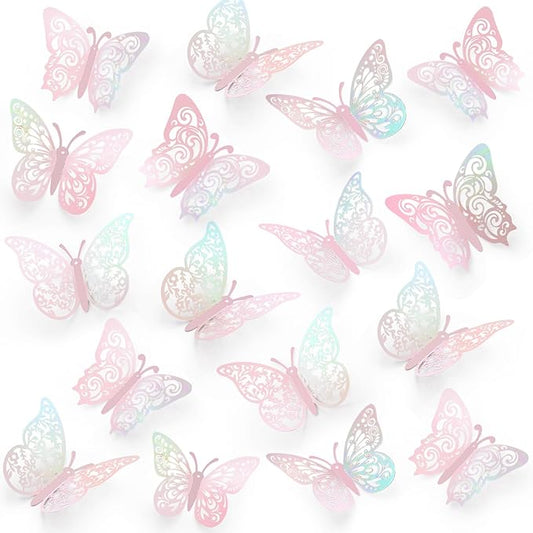 72 Pcs Butterfly Decorations, 3 Sizes 3 Styles, Butterfly Wall Decor, Butterfly Party Decorations, Birthday Decorations, Butterflies for Crafts, Cake Decorating, Wall Stickers Room Decor(Rainbow Pink)