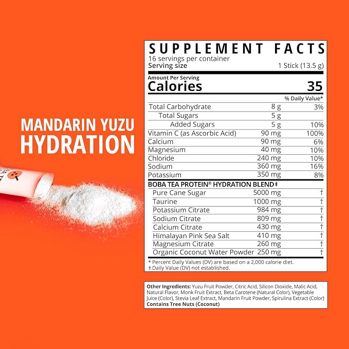 Boba Tea Hydration | Electrolyte Powder Drink Mix | Mandarin Yuzu | 1000mg Electrolytes, Vitamin C | 16 Stick Packets