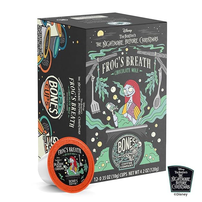Bones Coffee Company Frog's Breath, Chocolate Mole Flavored Coffee Pods, Low Acid Medium Roast Single-Serve Bones Cups for K-Cups Brewers Coffee Maker from The Nightmare Before Christmas, 12 Count