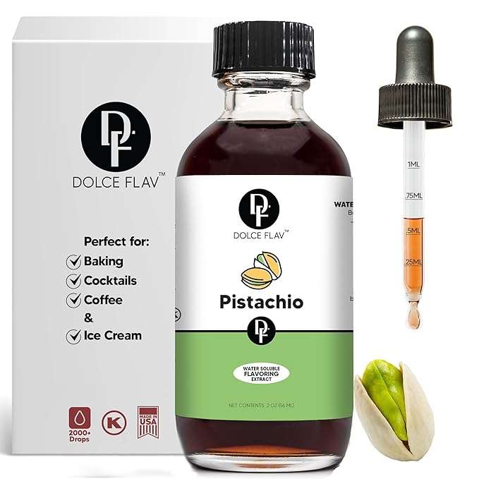 Dolce Flav Pistachio Extract ??2 Ounce Water-Soluble Kosher, Sugar-Free, Concentrated Nutty Pistachio Flavor for Baking, Ice Cream & Pastries, Includes Measured Dropper