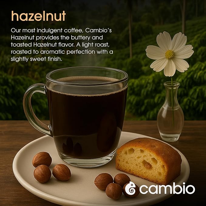 Cambio Roasters Organic Hazelnut Coffee Keurig KCups, Only Aluminum K Cup for Better & Longer Lasting Flavor, Nutty and Slightly Sweet Light Roast Kcup Keurig Coffee Pods, Lower Acid Kcups, 60 count