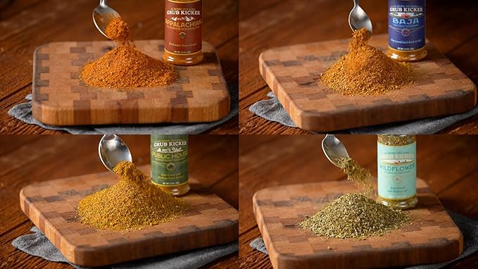 Grub Kicker assorted 4 pack includes: Wildflower Herbes De Provence, Appalachian All Purpose, Baja Fish Taco, Public House Sunday Roast. Premium Seasoning blends