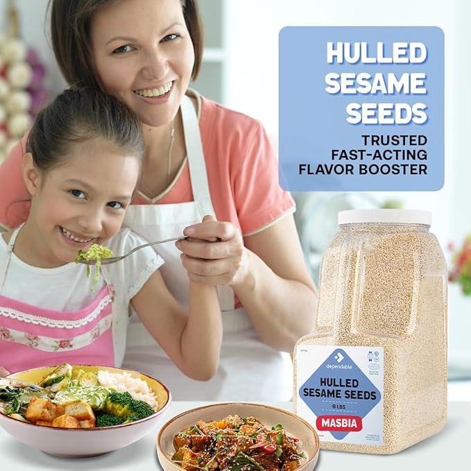 Dependable Food Hulled Sesame Seeds - 6 LB. Jar - Kosher, Raw, White Sesame Seeds Bulk - Great for Tahini - Ideal for Chefs, Restaurants & Culinary Enthusiasts - Non GMO- Natural Sesame Seed