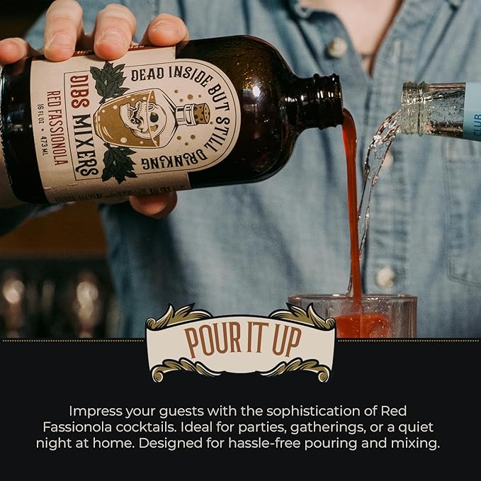 Dibs Mixers Red Fassionola - Tropical Cocktail Syrup with Strawberry, Hibiscus, Passionfruit & More - Mixer for Cocktails & Mocktails - 16oz