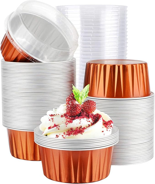 EUSOAR Dessert Cups With Lids, 5 OZ 100pcs Baking Cups with Lids,125ml Snacks Desserts Flan, Recyclable Economical Catering Gathering Club Shower Wedding Party Favor Baking Cups-Caramel