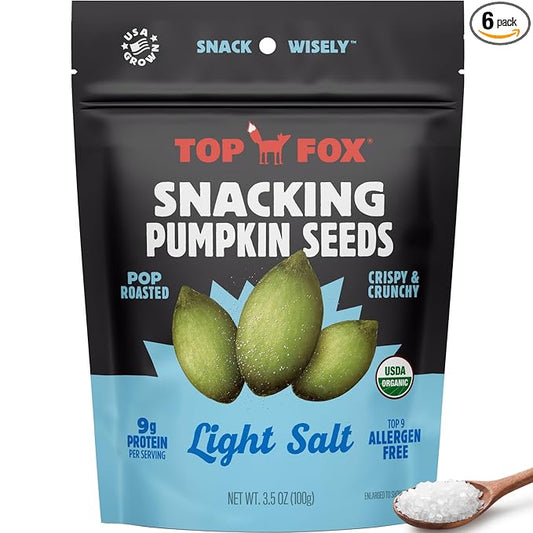 Top Fox Snacks Pumpkin Seeds to Eat (Light Salt, 3.5 oz – 6 Pack) - Gluten Free Snacks, Healthy Protein Snacks, Keto Friendly Snacks, Allergen Free Snacks, Paleo & Vegan - Organic Pop-Roasted