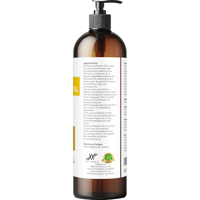 velona USDA Certified Organic Sunflower Oil - 8 Fl Oz | 100% Pure and Natural Carrier Oil | High Oleic, Refined| Cooking, Skin, Hair, Body & Face Moisturizing
