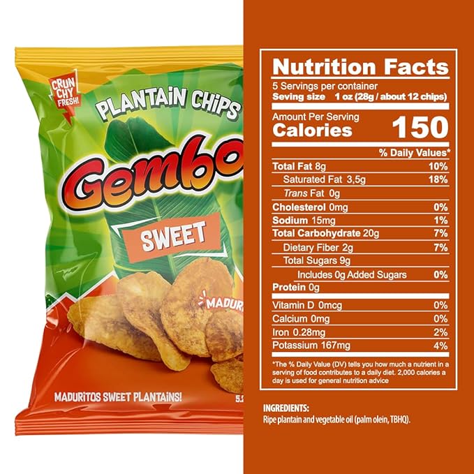 Gembos Sweet Maduritos Plantain Chips - Deliciously Sweet Plantains Snack, Perfect for Vegan Snack Lovers, Ideal for Groceries and Healthy Snack Foods, Tasty Platanitos Chips, 5.29 Oz, 24-Pack