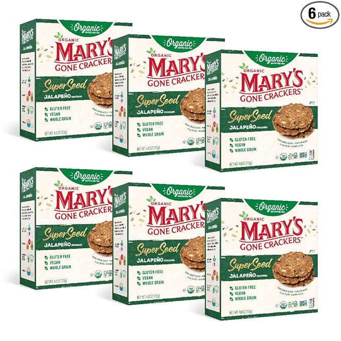 Mary's Gone Crackers Super Seed Jalapeño Crackers, Vegan Friendly, Kosher, USDA Certified Organic, Gluten Free & Non-GMO, 4 Ounce (Pack of 6)