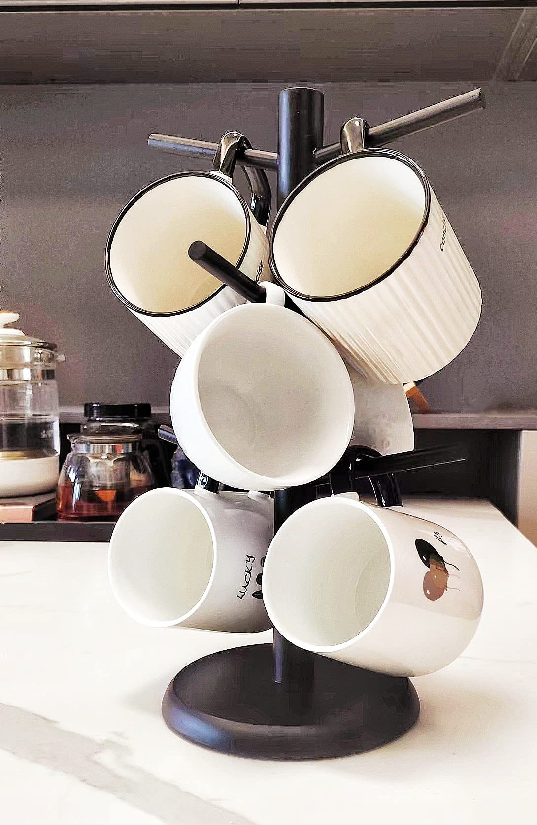 KETWOD Black Coffee Mug Holder, Non-Slip Cup Tree With 6 Hooks for Counter, Rack (Black)