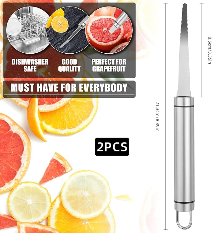 2PCS Grapefruit Knife Set, Curved Serrated Stainless Steel Fruit Knife for Grapefruit, Orange, Lemon, Kiwi, Avocado - Easy to Hang, Dishwasher Safe, Ergonomic Handle for Effortless Peeling and Slicing
