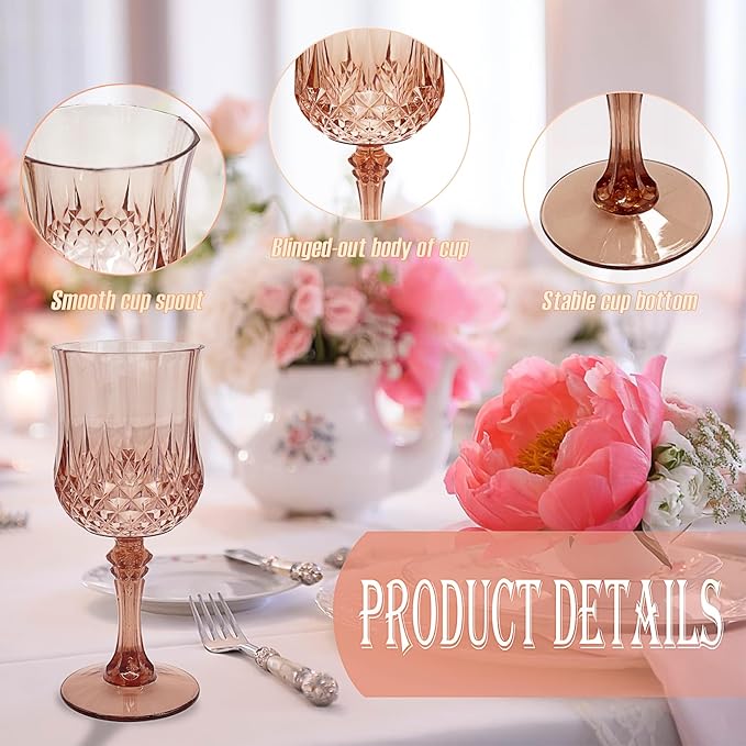 24 PCS Rose Gold Plastic Wine Glasses,Reusable Plastic Wine Glasses,Rose Gold Goblet Glass,Durable and Sturdy Cups Can Be Used for Various Parties Such as Weddings!
