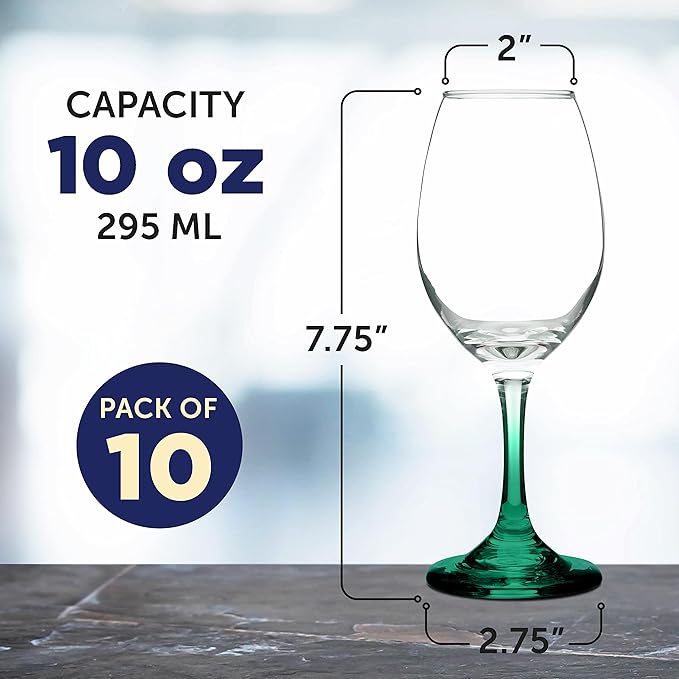 DISCOUNT PROMOS Rioja Wine Glasses with Stem 10 oz. Set of 10, Bulk Pack - Color Bottom, Perfect for Wedding, Party Favors, Birthday, Bridal Shower Gifts - Green